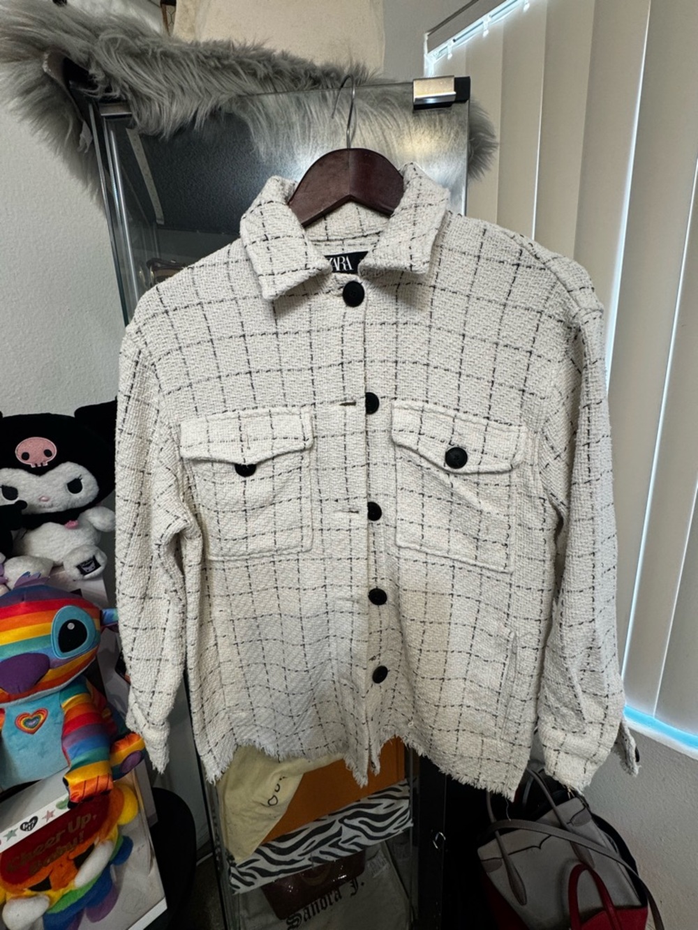 Zara Cream Tweed Windowpane Button Jacket